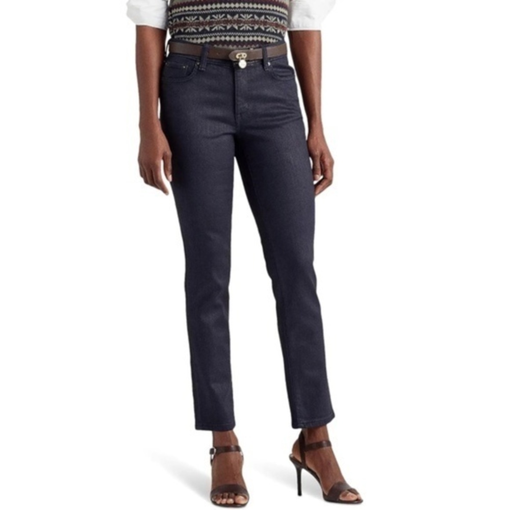 Lauren Ralph Lauren Coated Mid-Rise Straight-Ankle Jeans in Dark Blue Size 12